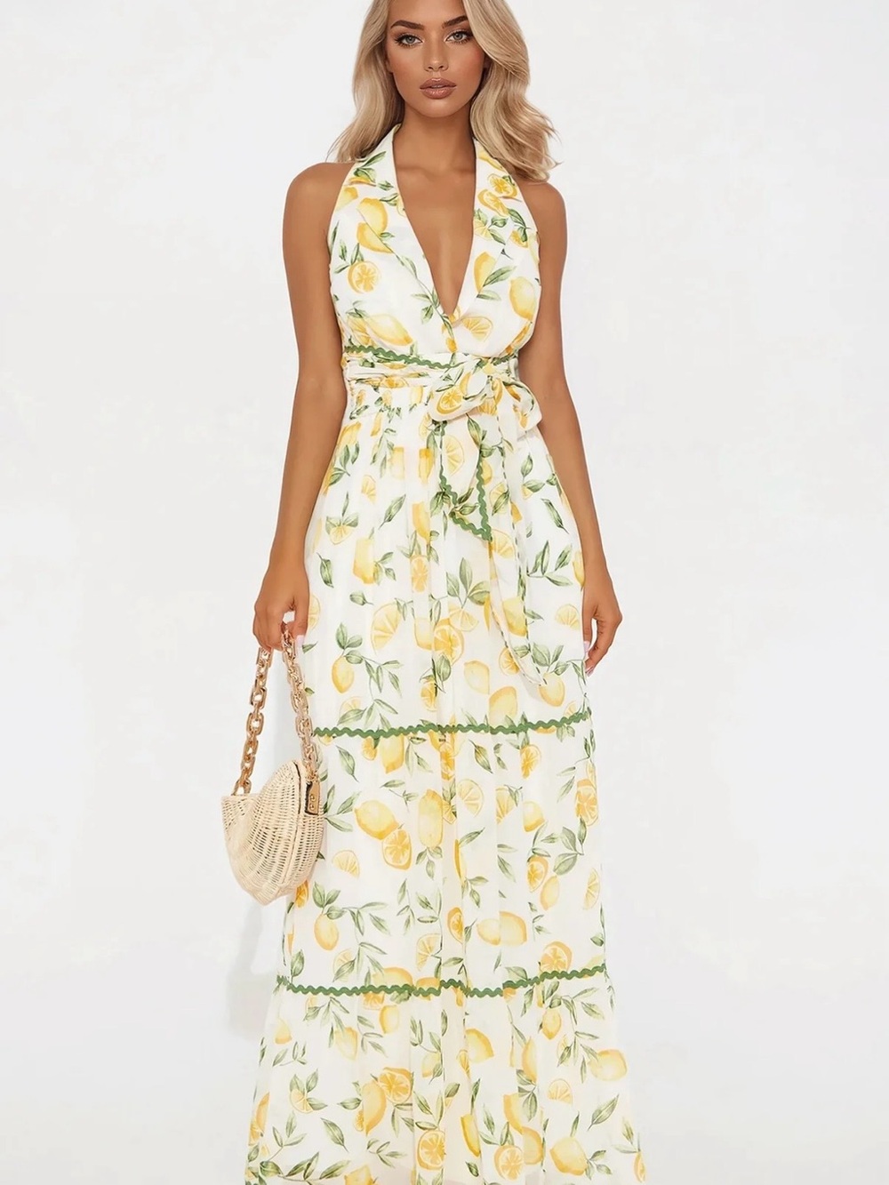 Lemon Print Halter Maxi Dress - White/Yellow